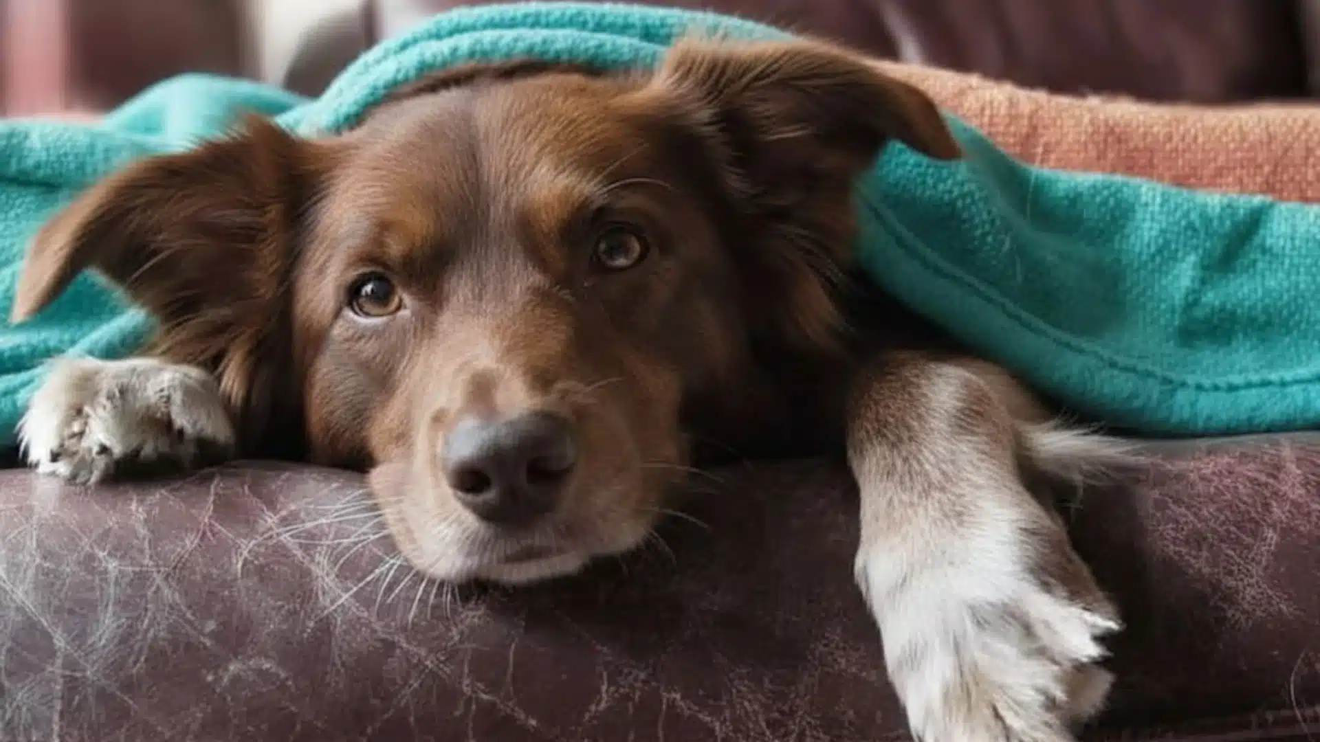 Brown dog resting on couch under teal blanket, looking tired with head and paws hanging over the edge indoors