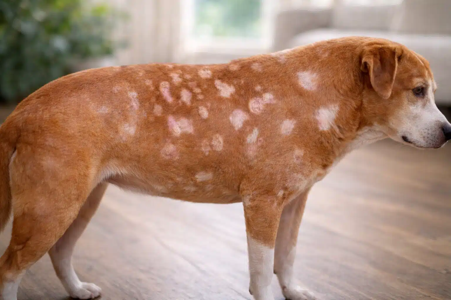 Brown dog standing indoors with multiple circular hair loss patches from ringworm and yeast infection