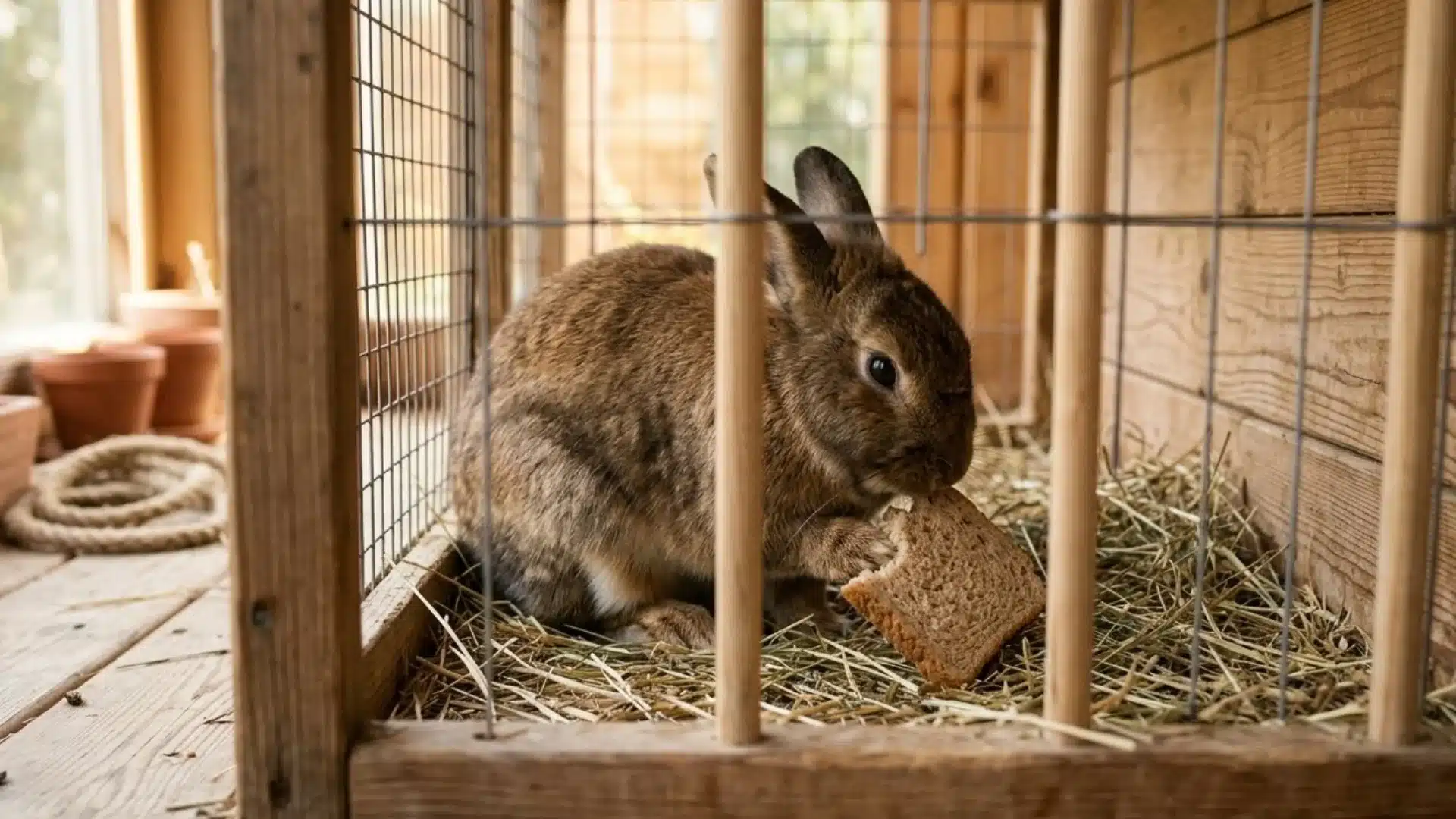 Brown rabbit inside a wooden cage eating bread, surrounded by hay, soft natural light, rustic indoor setting