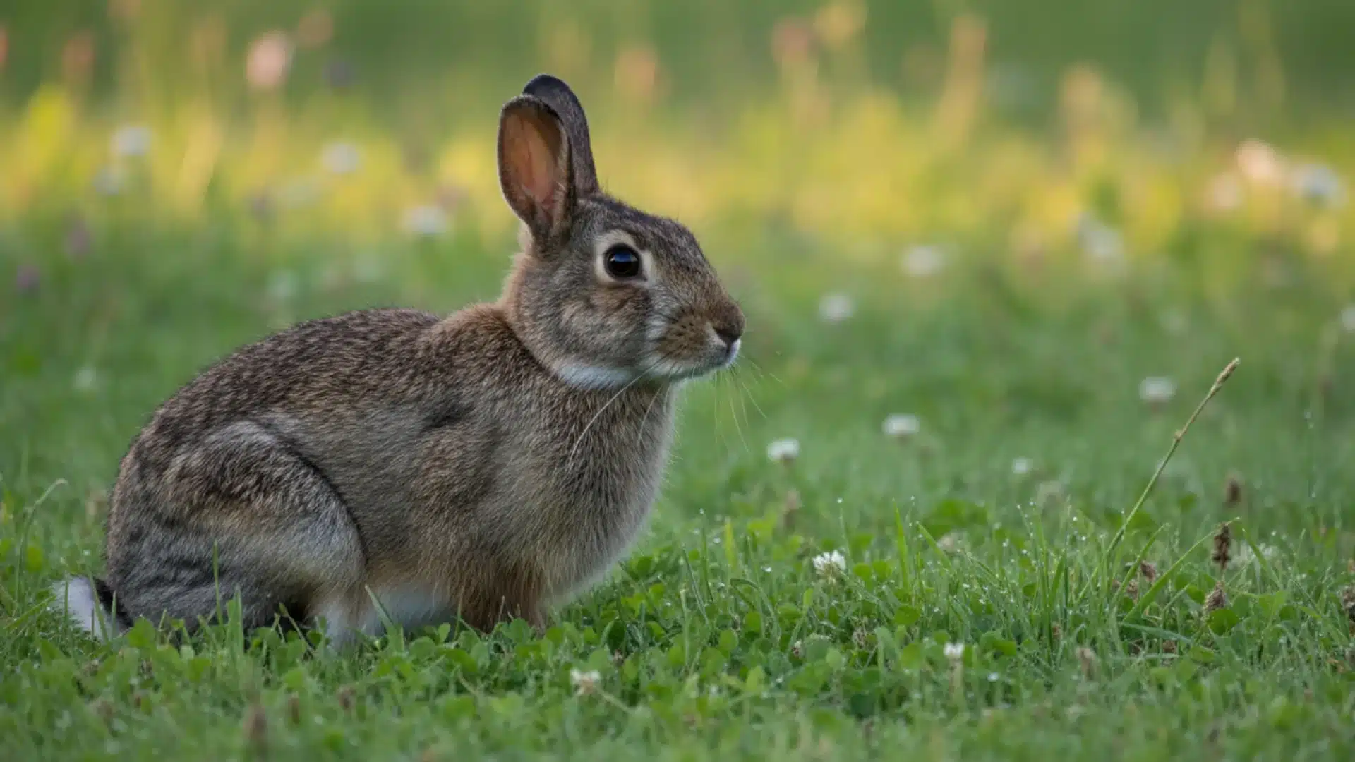 Brown rabbit sitting on green grass, facing left, with soft natural light and blurred meadow background
