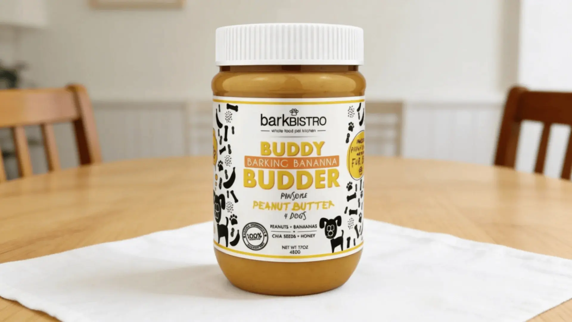 Buddy Budder peanut butter for dogs jar on dining table and blurred chairs in background