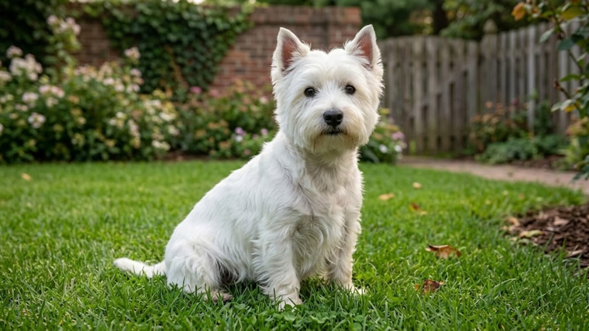 Cairn Terrier (White or Cream) breed dog sitting in a grassy backyard background