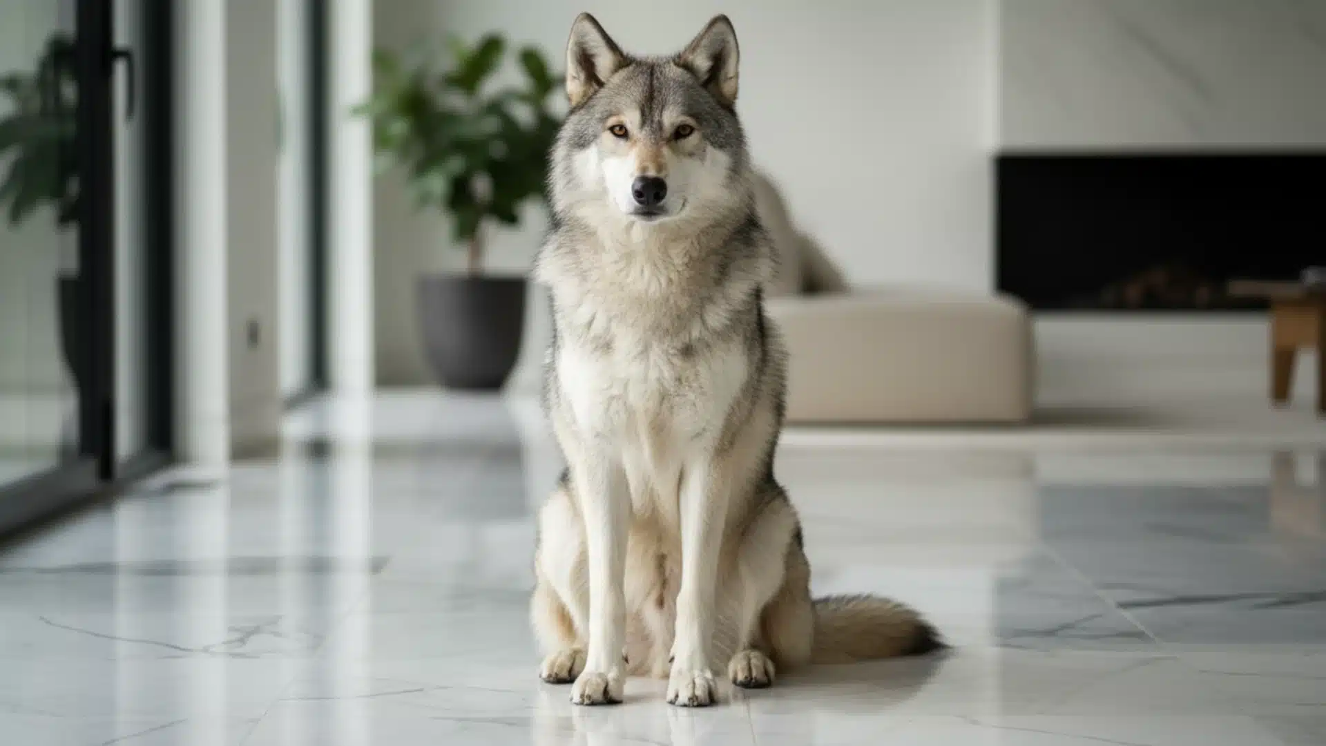 Canadian Timber Wolf Dog sitting on a marble floor inside a modern home living room with soft natural light
