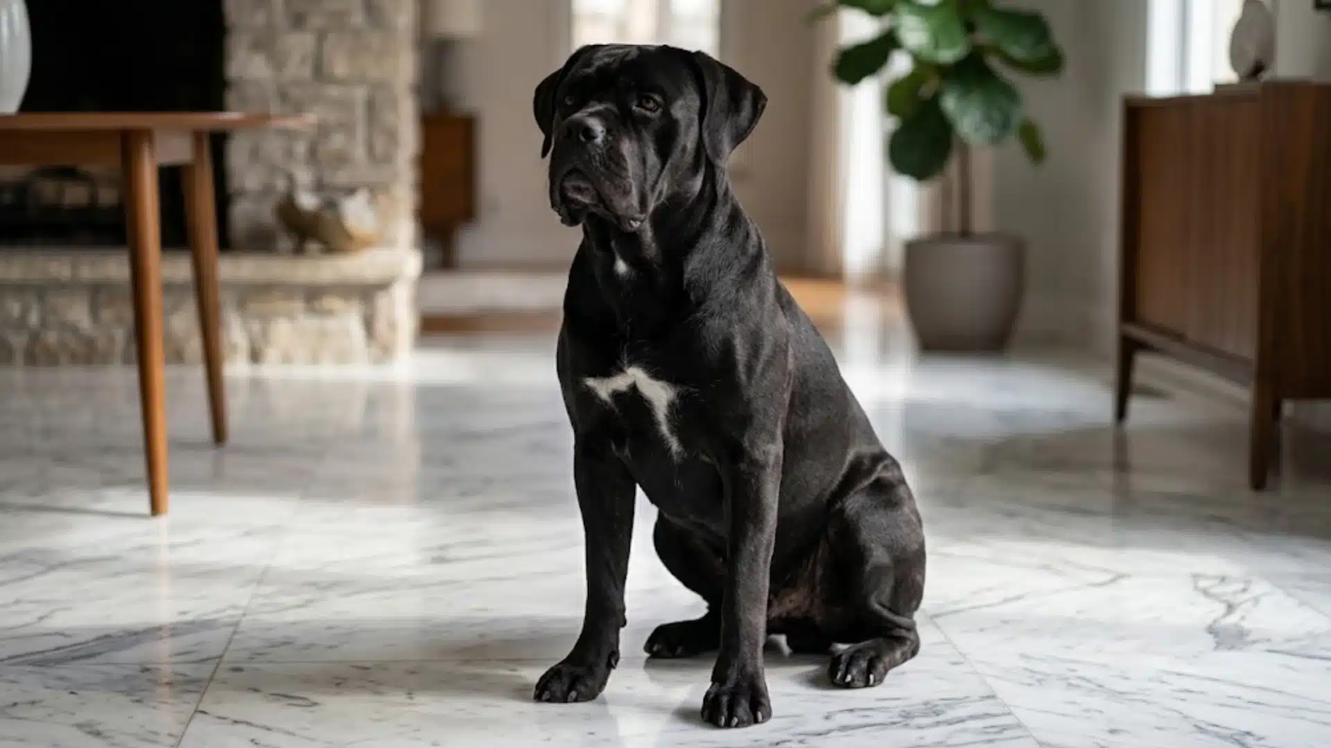 Cane Corso sitting inside a modern home, showing its muscular build, broad chest, and short glossy black coat