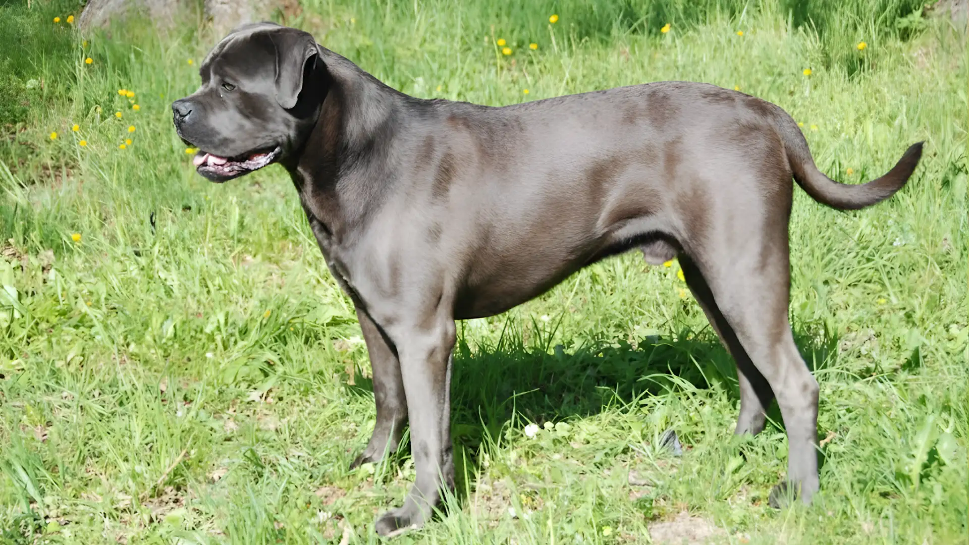 Cane Corso standing alert on grass, powerful and loyal guard dog breed known for strong home and family protection