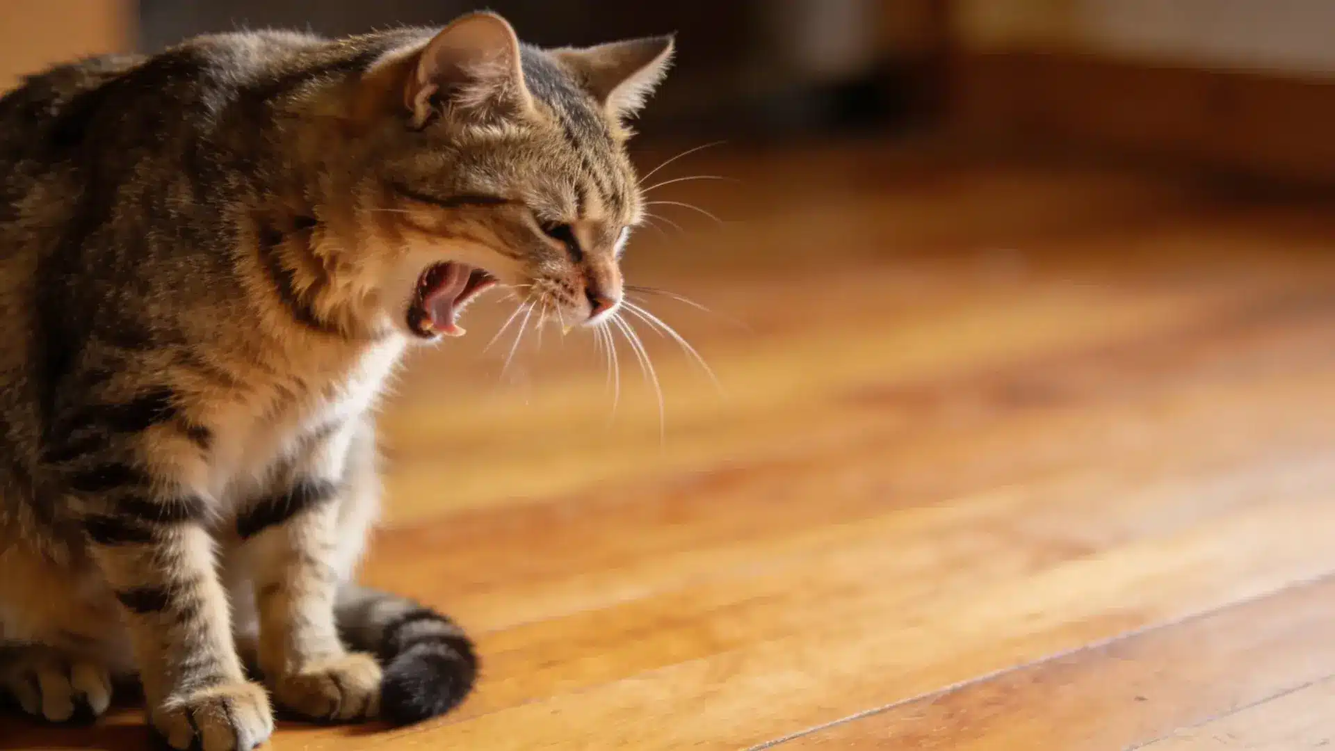 Cat dry heaving on wooden floor with mouth open and gagging posture inside a home