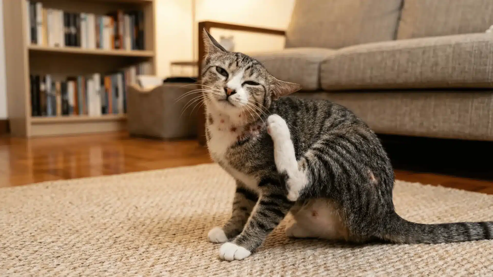 Cat scratching neck with visible sores indoors showing behavioral changes due to cat skin allergies