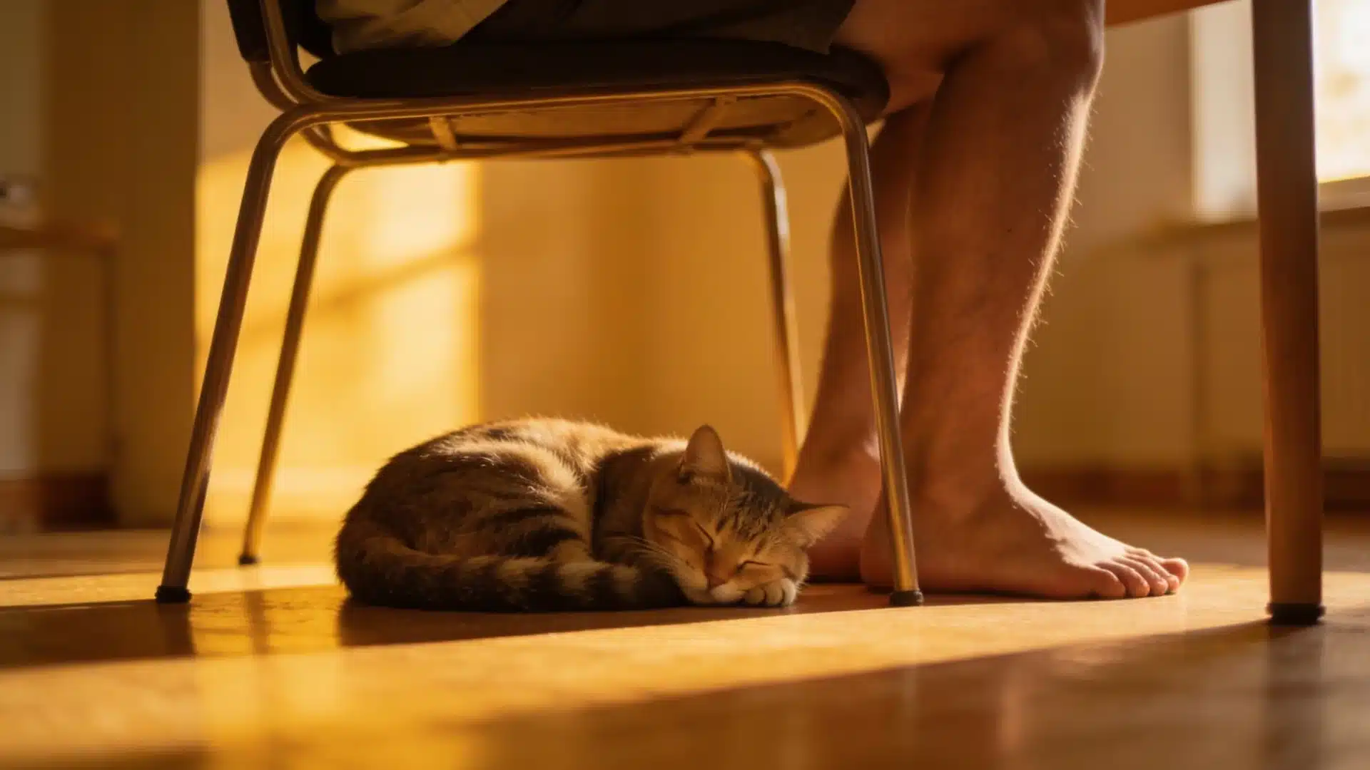 Cat sleeping on floor beside a person’s bare feet under a chair, warm indoor light creating a calm cozy scene