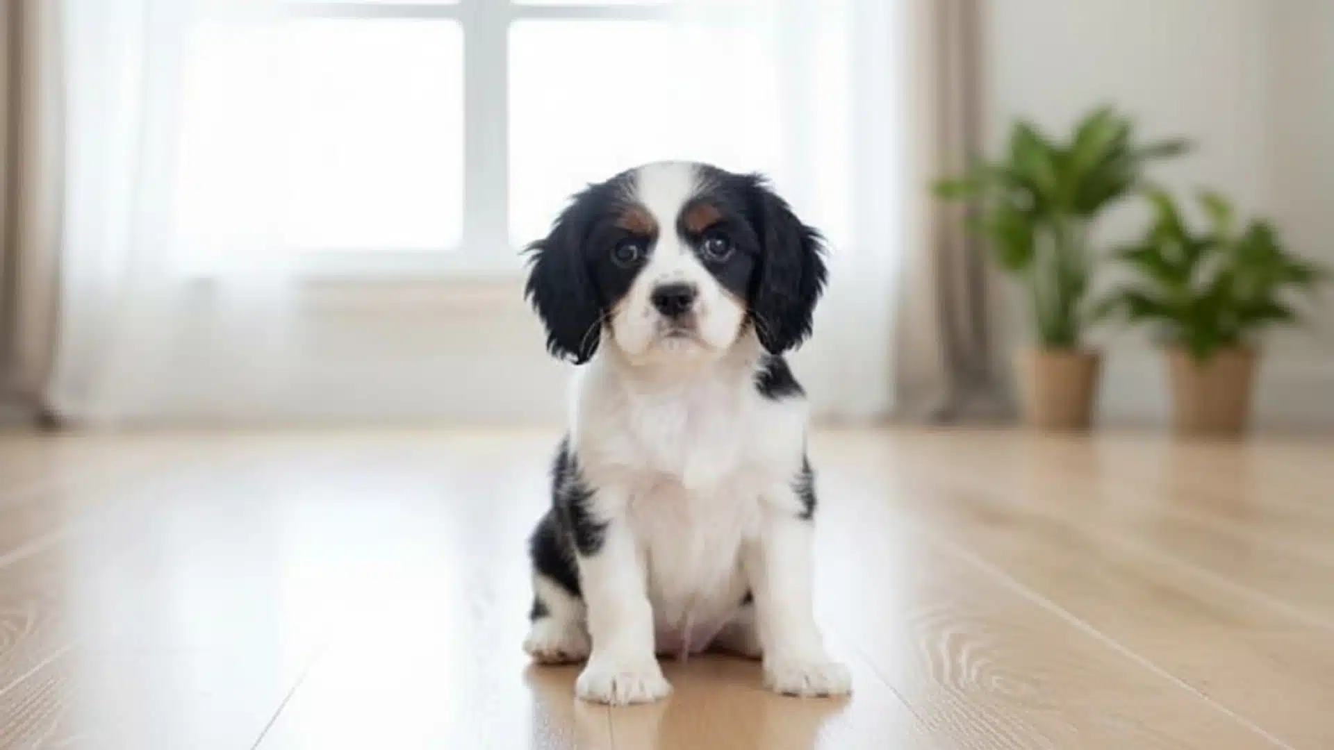 Cavalier King Charles Spaniel puppy sitting on wooden floor in bright living room with window and plants behind