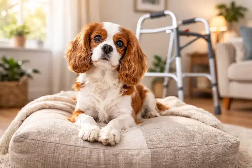 Cavalier King Charles Spaniel resting on dog bed at home with mobility walker in background