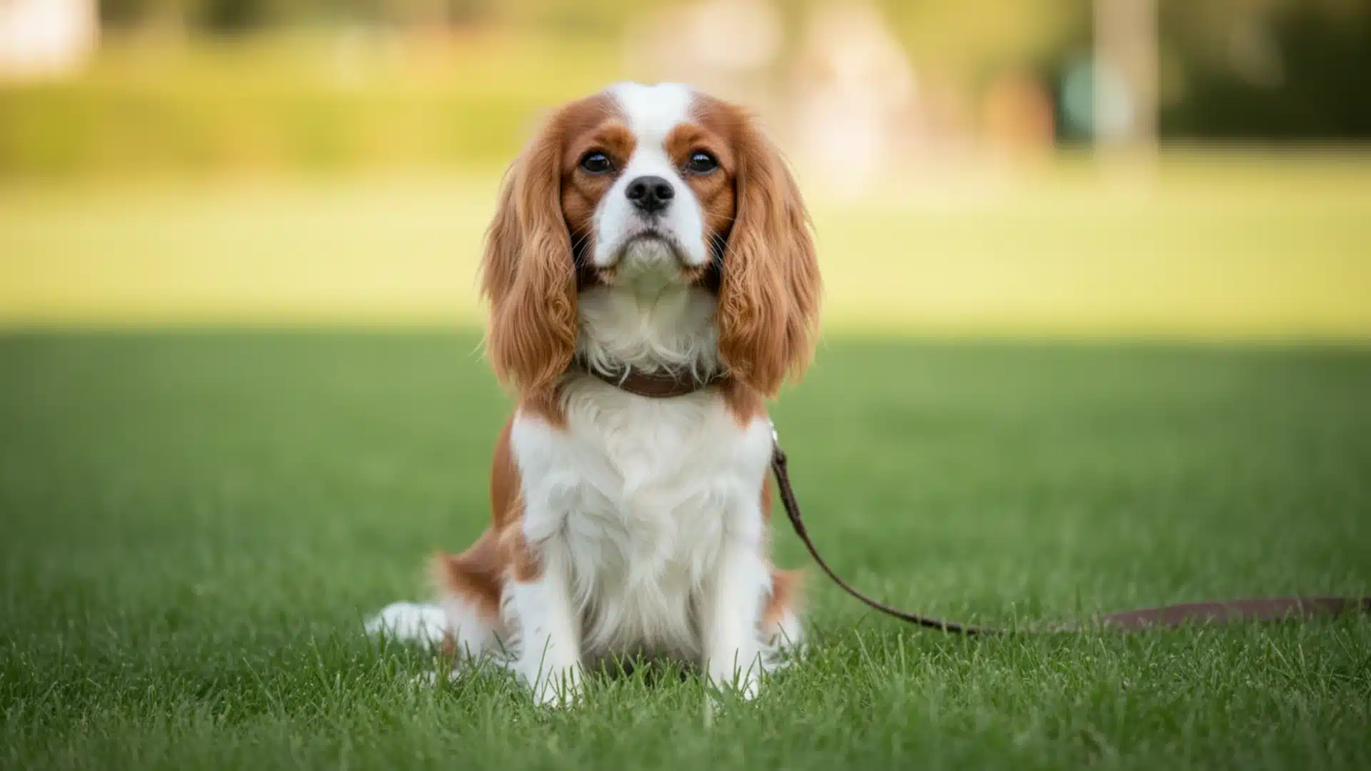 Cavalier King Charles Spaniel sitting on green grass outdoors, brown and white coat with long ears in park