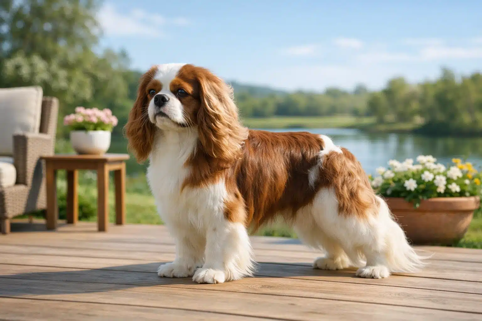 Cavalier King Charles Spaniel standing on wooden deck with lake and flowers in background