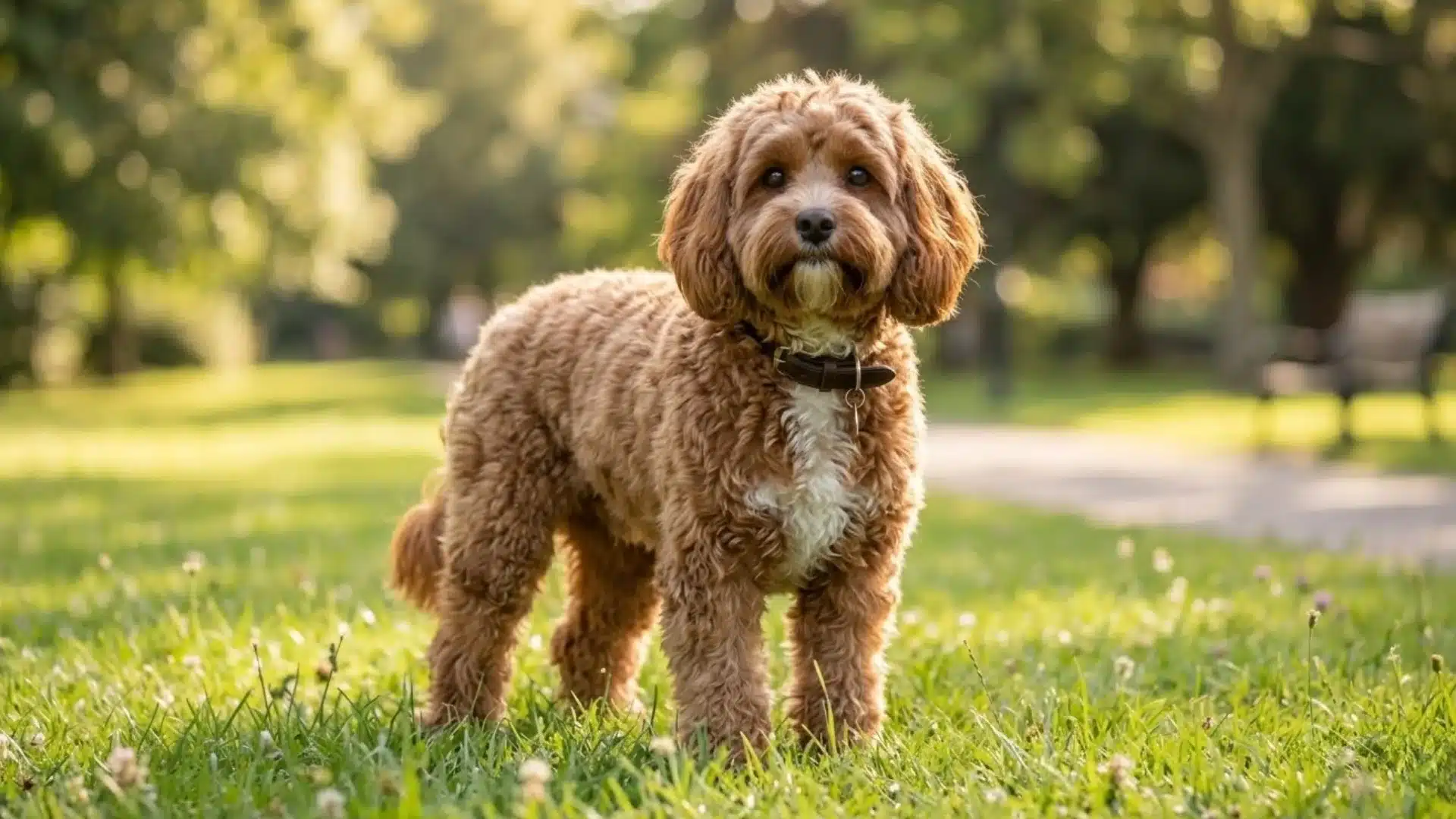 Cavapoo dog standing on green grass in sunny park with fluffy coat and soft blurred background