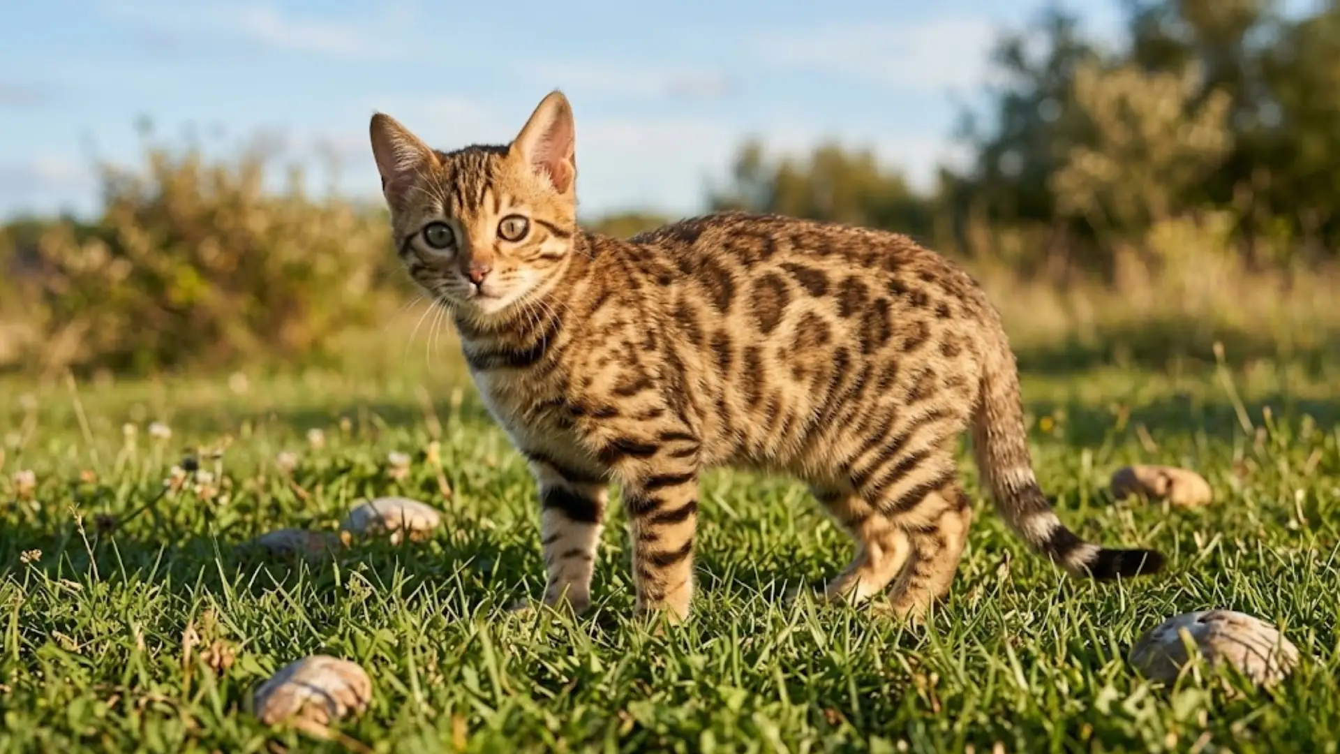 Cheetoh cat standing on green grass in open field, spotted coat and large ears visible in warm sunlight outdoors