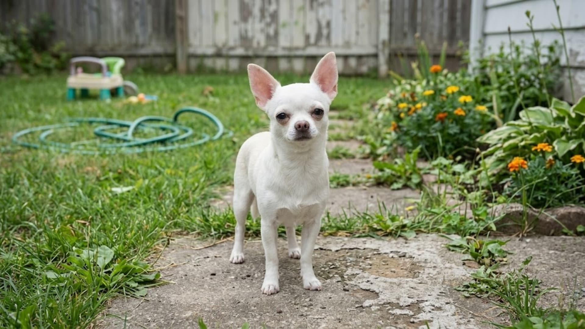 Chihuahua (White)breed dog sitting in a grassy backyard background