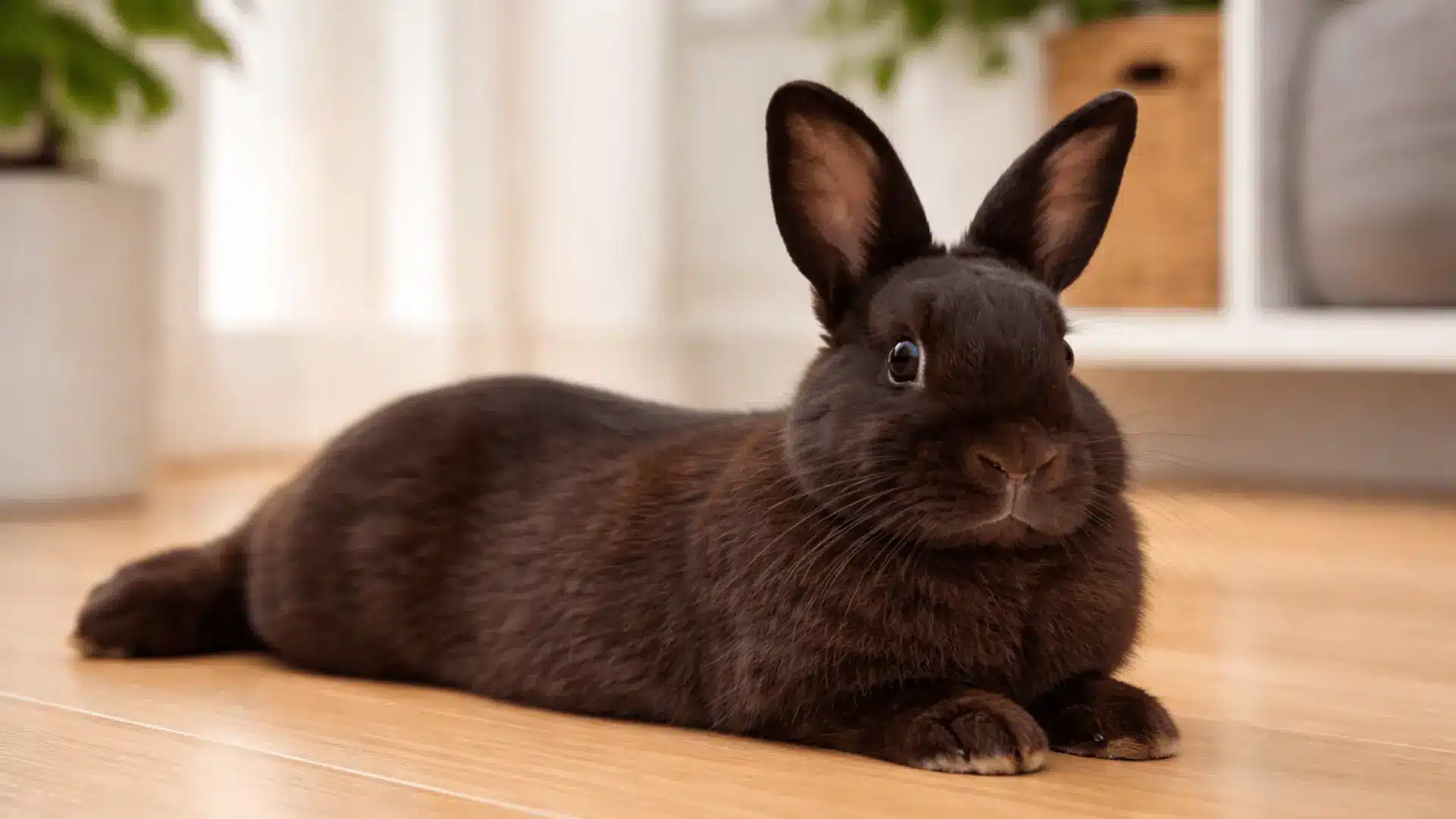 Chocolate brown Havana rabbit laying on hardwood floor inside a bright living room