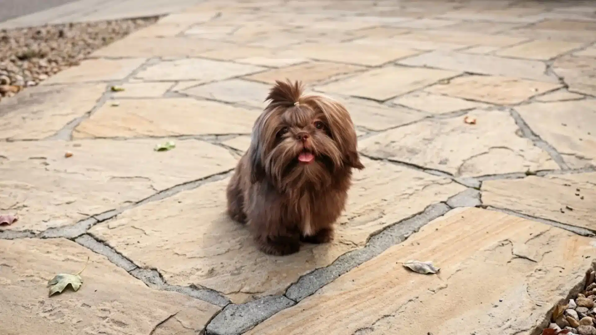 Chocolate brown Shih Tzu standing on a stone patio outdoors with fluffy coat and topknot