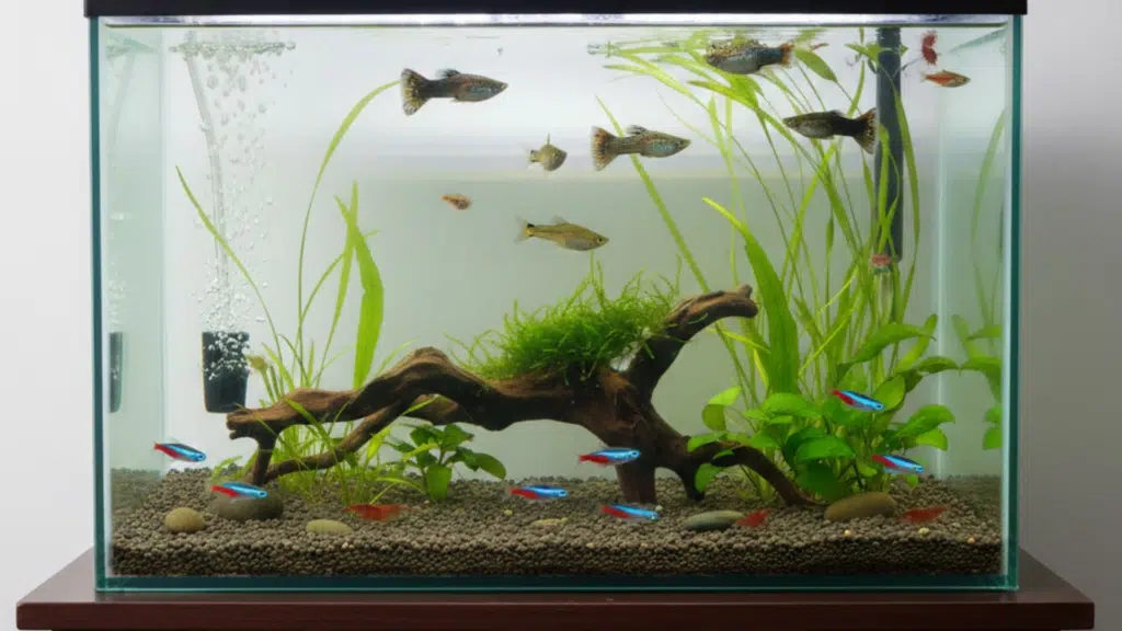 Clean planted 10-gallon tank on a wooden stand showing small schooling fish, driftwood, tall plants and gentle air bubbles