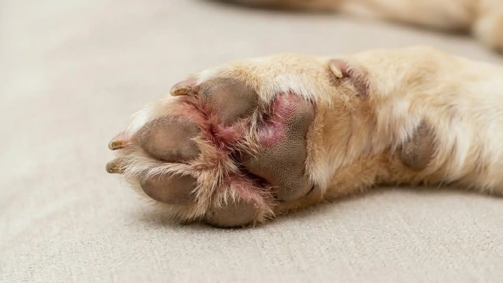 Close-up of Labrador dog paw underside showing redness, swelling, and inflamed skin between pads on floor