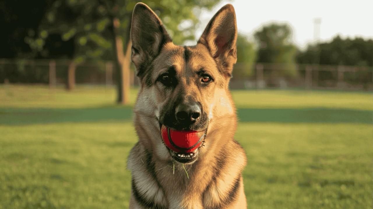 Close-up of a German Shepherd outdoors holding a red and blue ball in its mouth