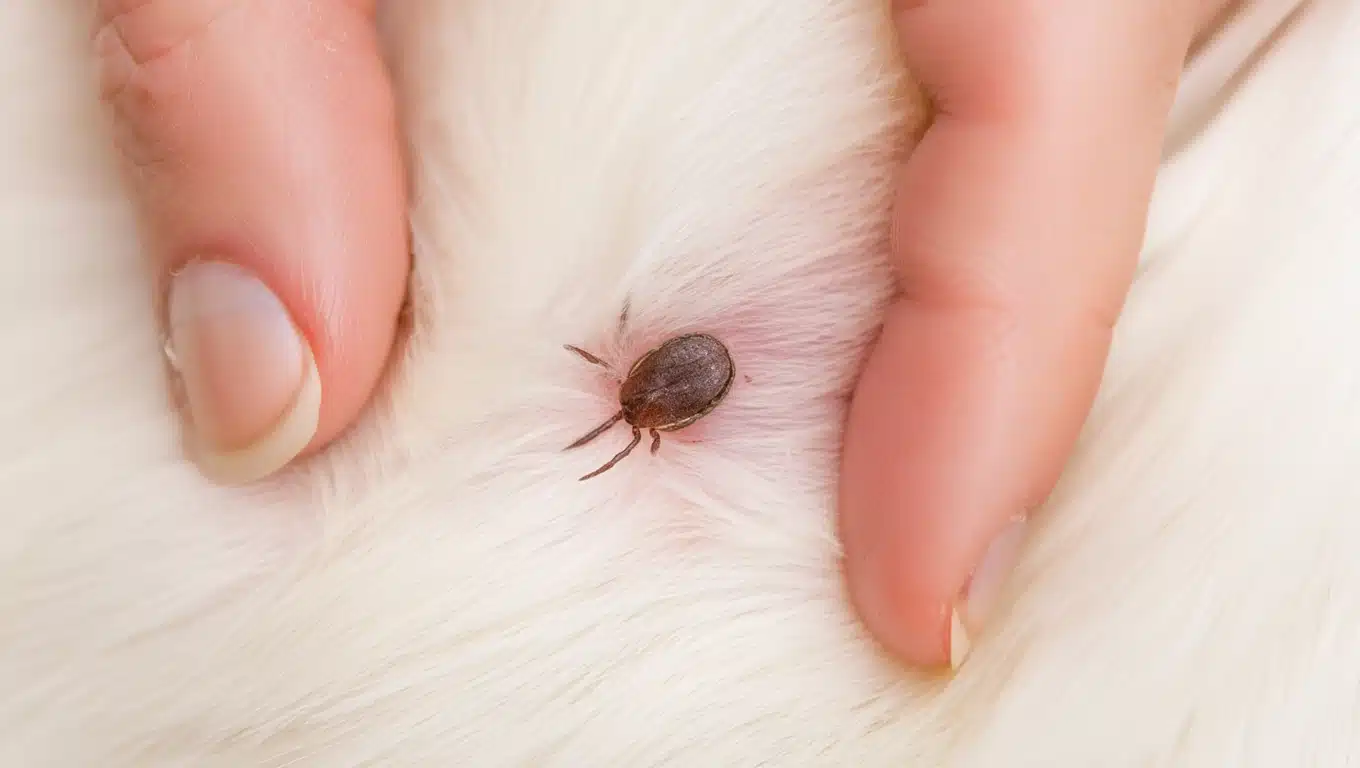 Close-up of a brown tick attached to a dog's skin, surrounded by white fur and held apart by human fingers