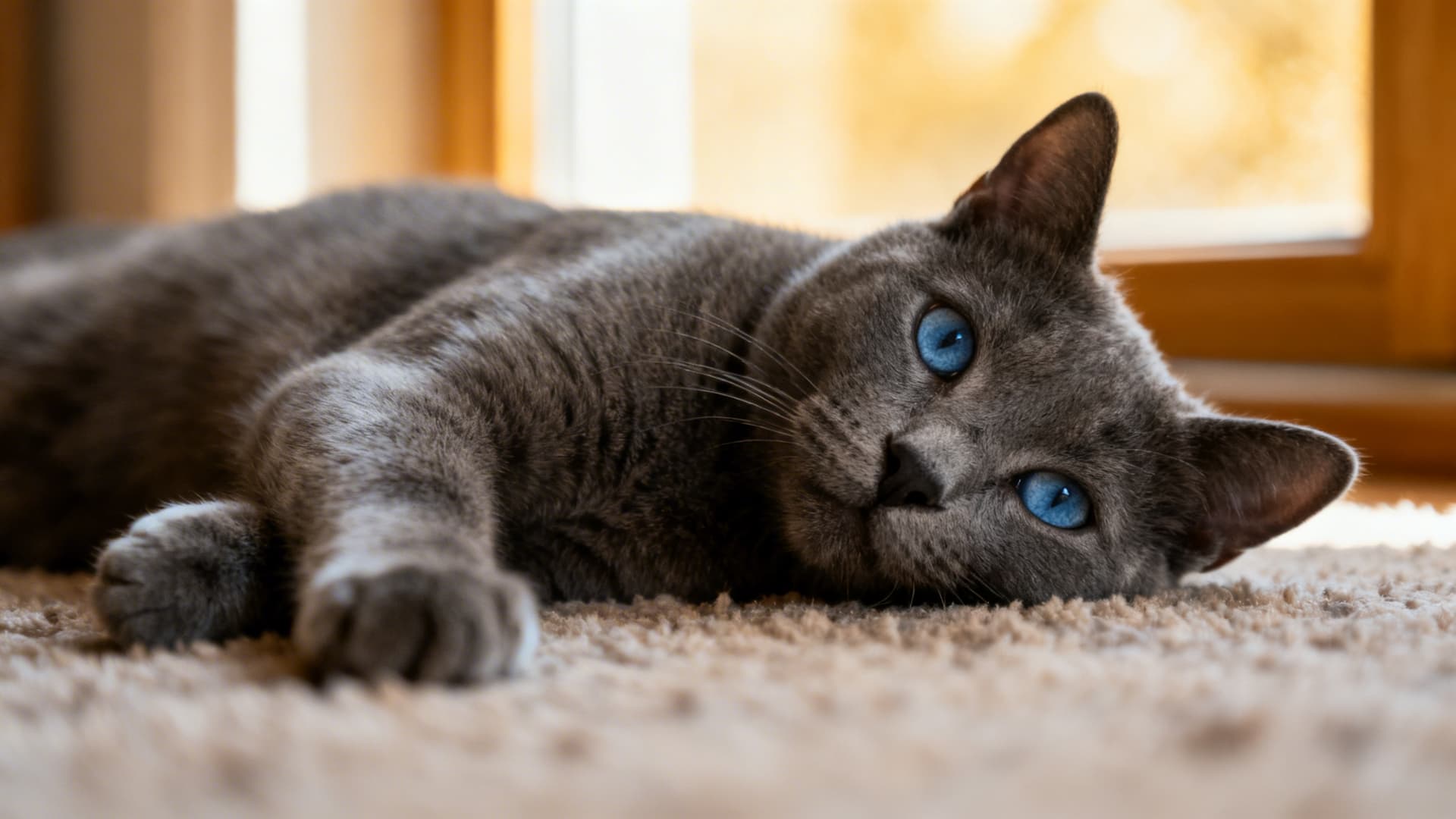 Close-up of a gray shorthair cat with striking blue eyes lying on a beige carpet in soft window light