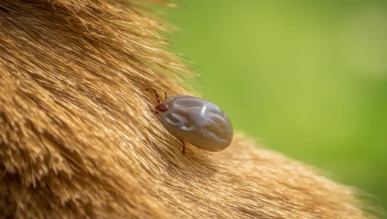 Close-up of a large, engorged grey tick attached to light brown dog fur, highlighting the need for regular skin checks