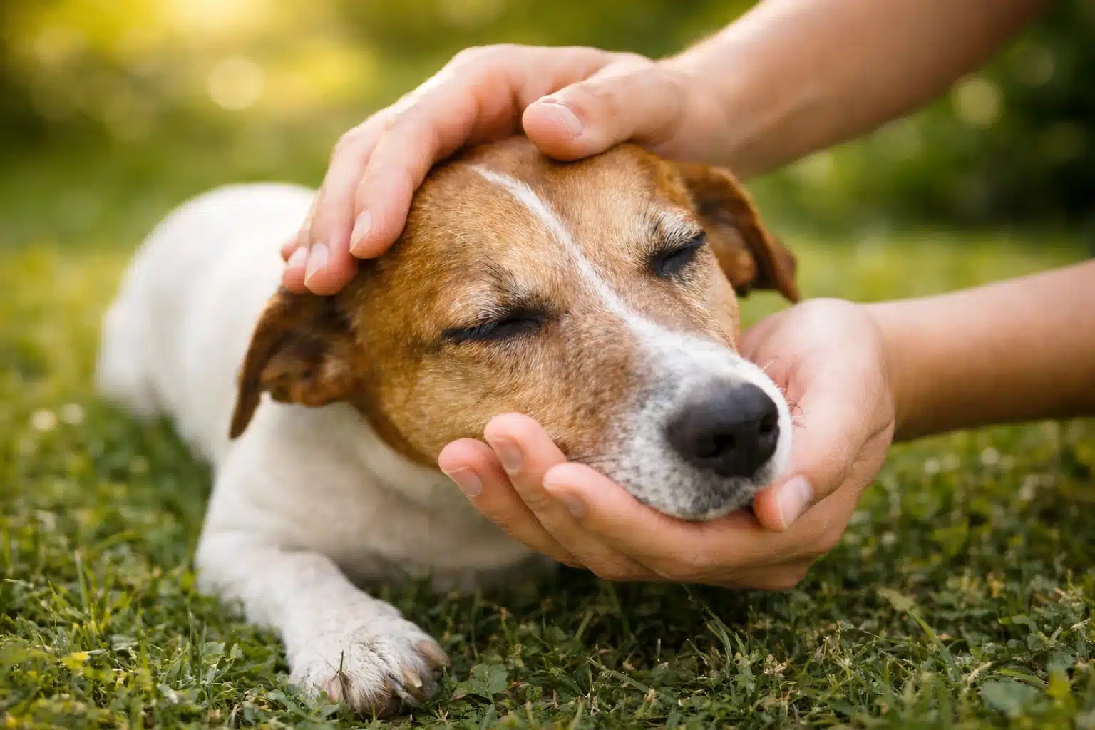 Close-up of a small dog resting its head in a person's hands, showing lethargy as a potential sign of Rocky Mountain Spotted Fever