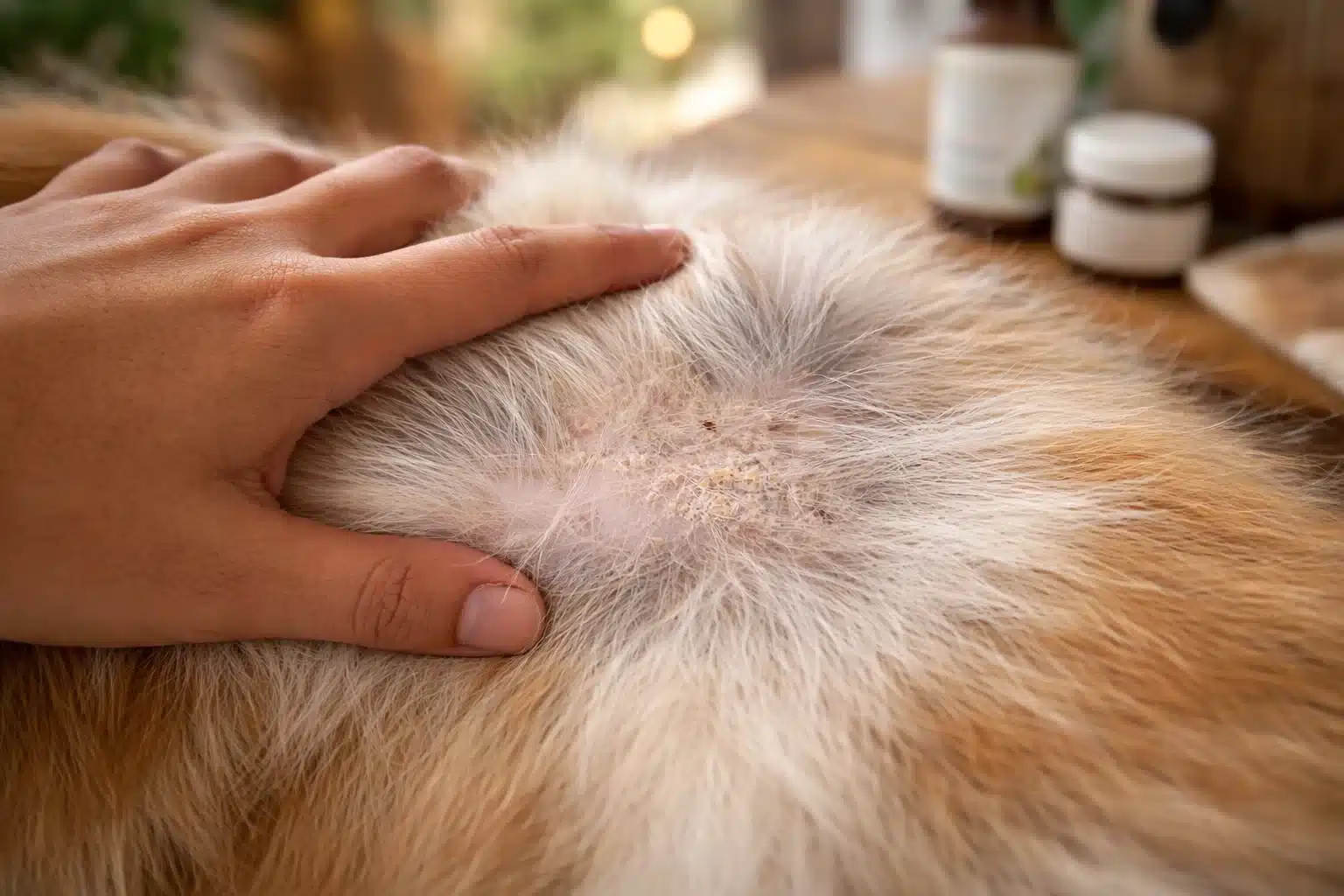 Close up of dog fur parted to show flaky dry skin and seborrhea on the back