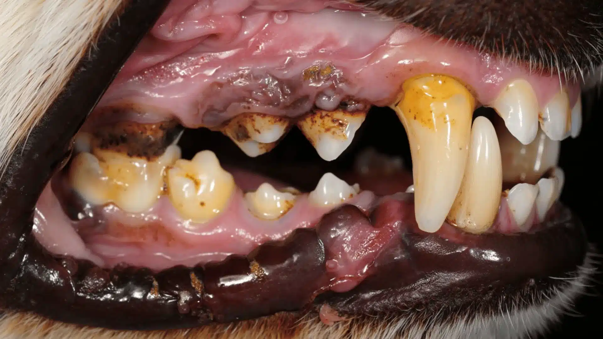 Close up of dog mouth showing severe tartar buildup and gum disease from dog tooth decay