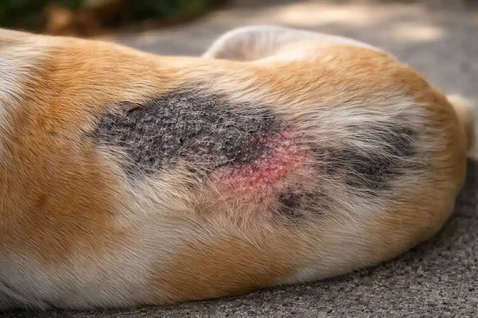 Close up of dog skin condition showing hair loss red inflamed area and darkened irritated patch