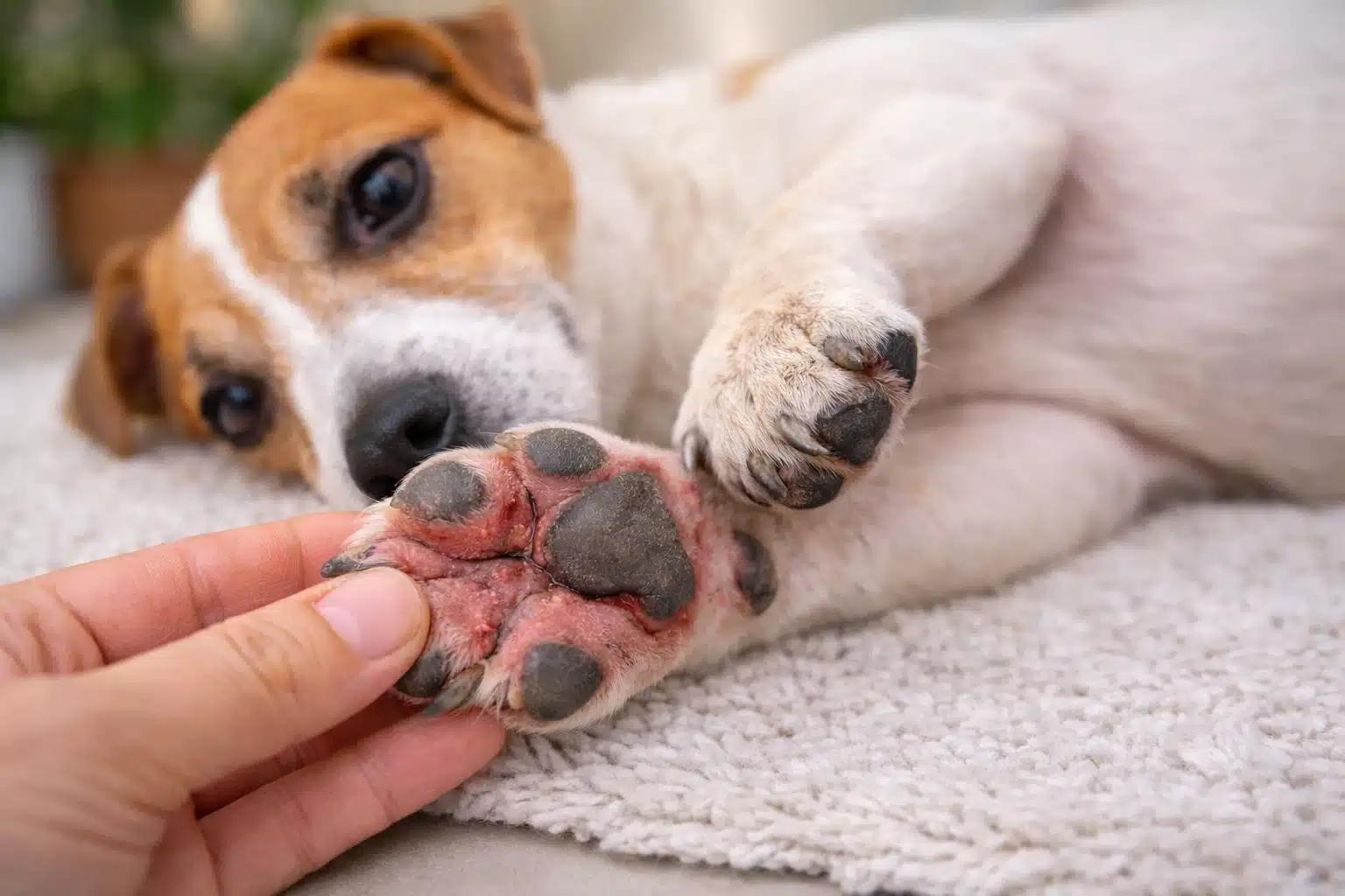 Close up of dog with red irritated paw pads while owner gently holds paw indoors on carpet floor