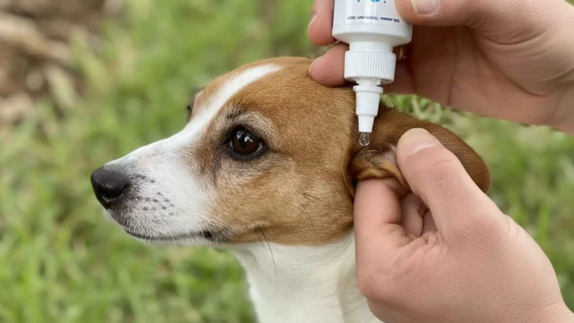 Close up of person applying ear cleaning solution into small dog ear during outdoor grooming session