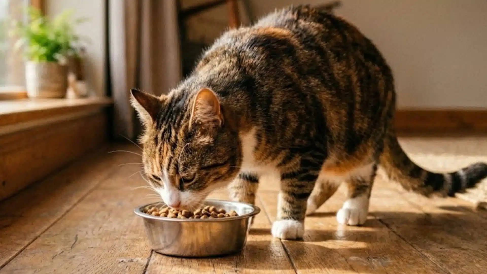 Close-up of the brown and white tabby cat eating from its stainless steel bowl on the wooden floor