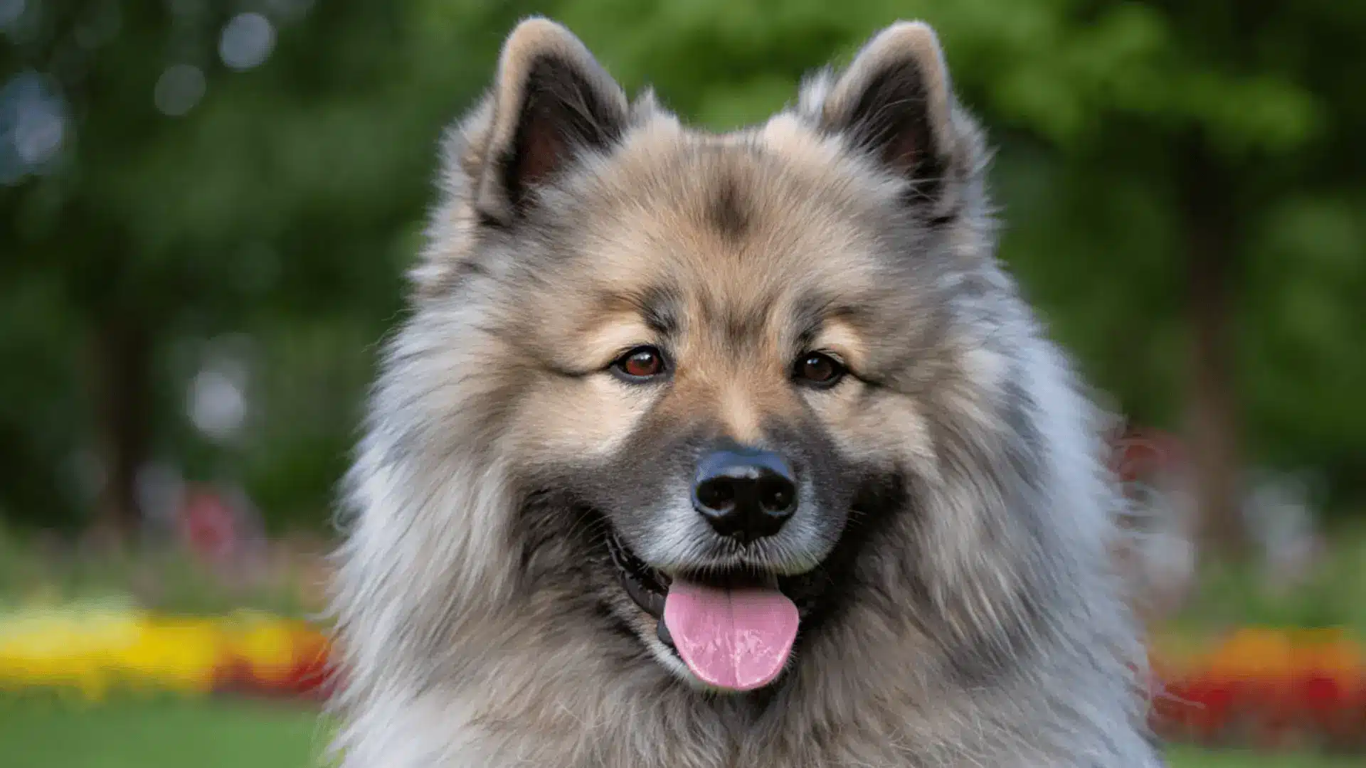 Close-up portrait of a fluffy Keeshond dog with tan and grey fur, alert ears, and its tongue happily peeking out