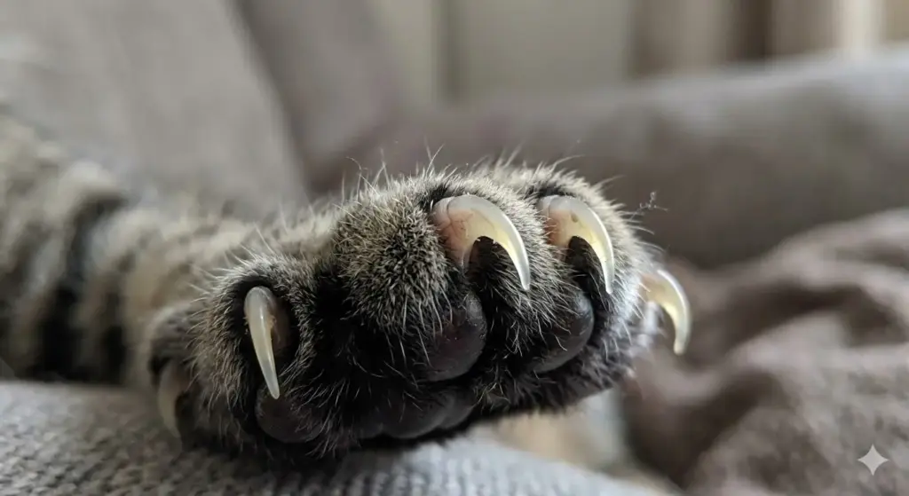 Close view of a cat paw with sharp claws extended while resting on a couch, showing natural claws and detailed paw texture
