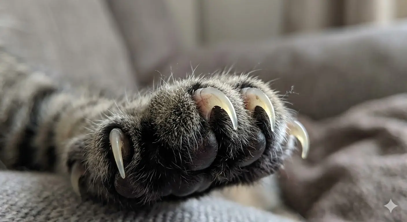 Close view of a cat paw with sharp claws extended while resting on a couch, showing natural claws and detailed paw texture
