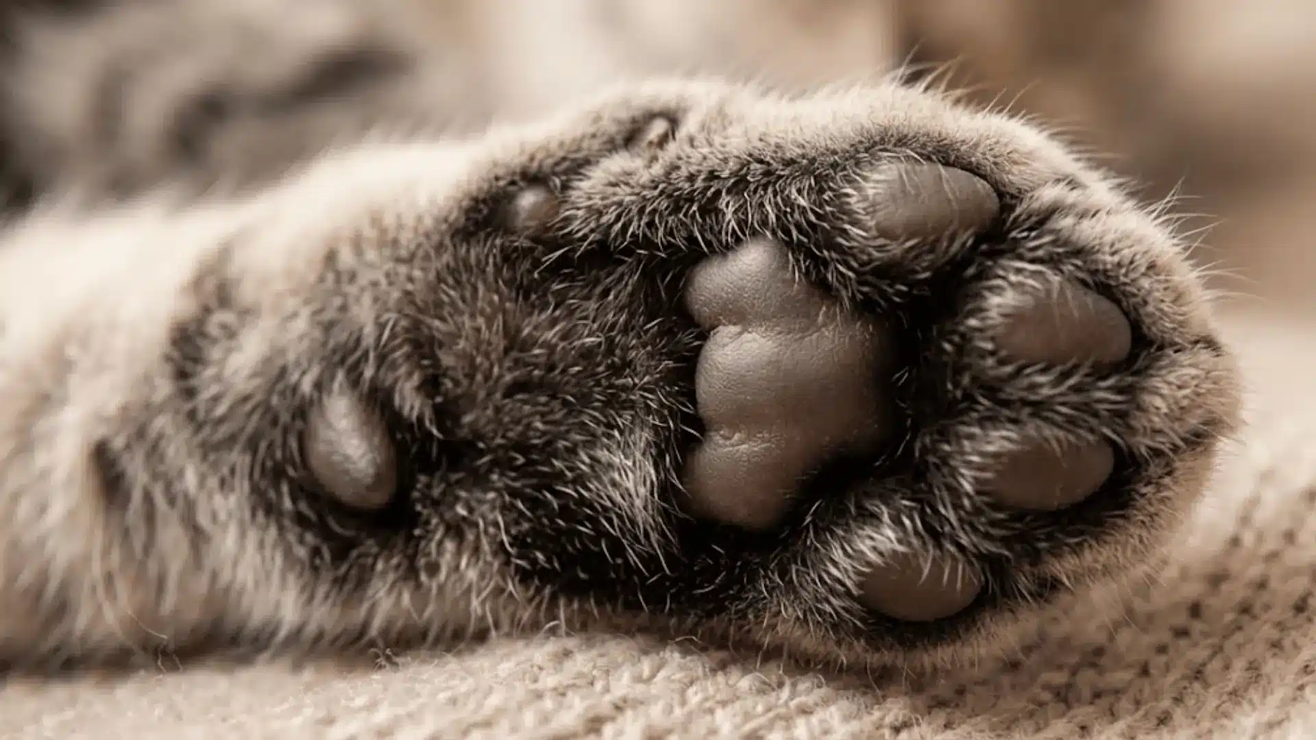 Close view of soft cat paw pads without claws visible, resting on fabric and showing healthy pads and fur texture