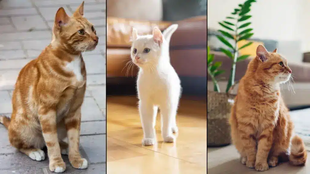 Collage of popular cats including orange tabby and white cats sitting and standing indoors in home settings