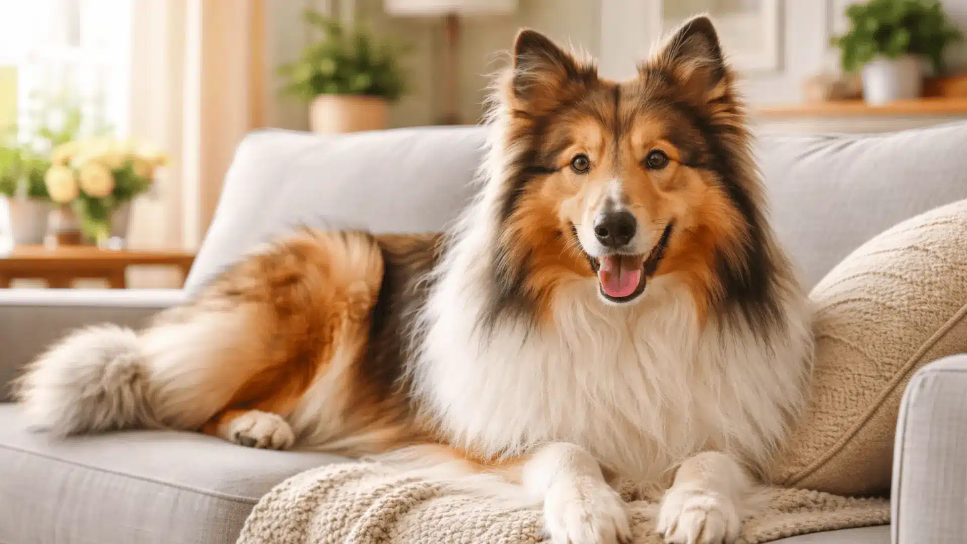 Collie dog resting on a sofa inside a living room, long fluffy coat and alert expression in a cozy home setting