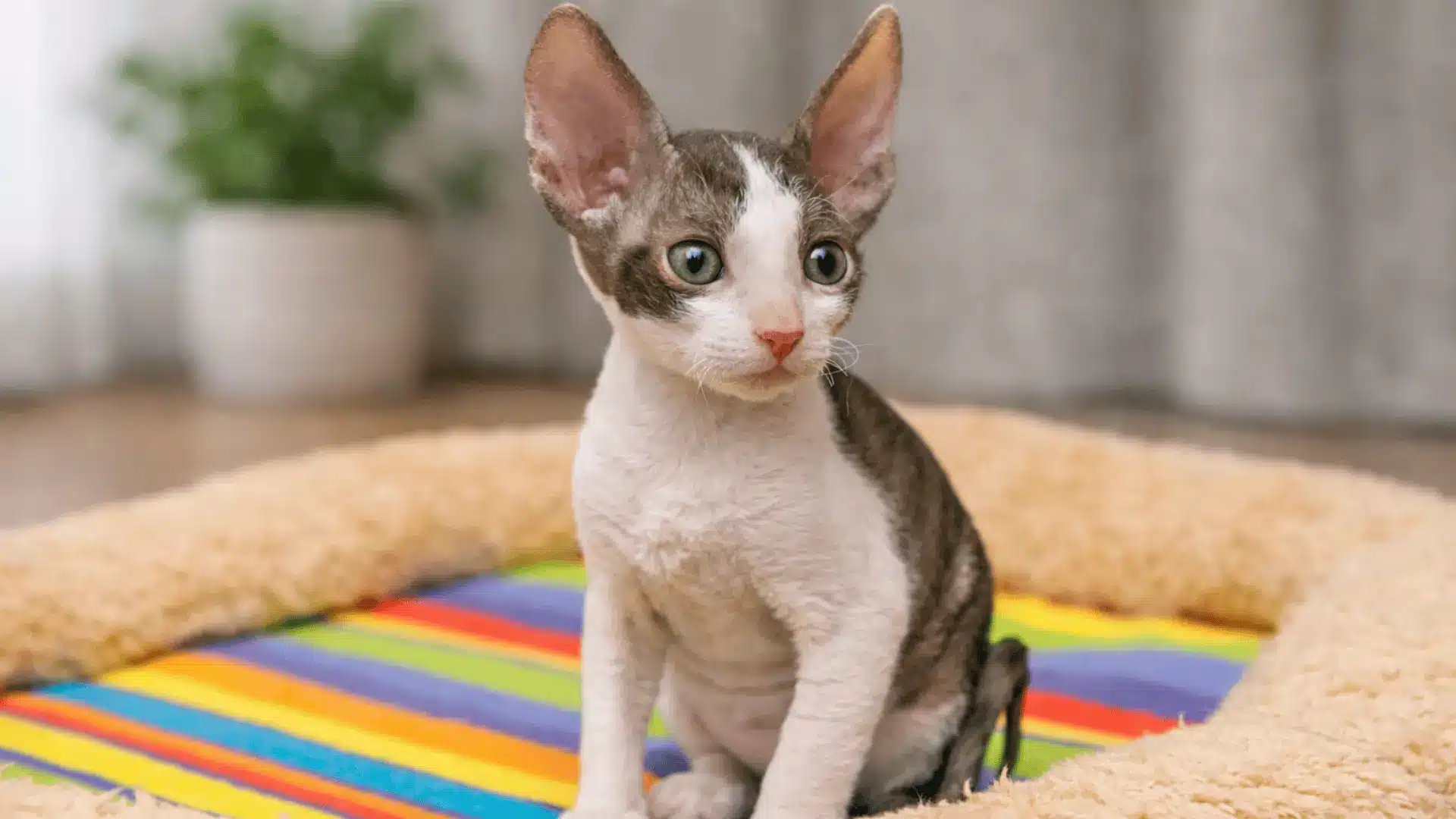 Cornish Rex cat sitting on a light sofa with pillows in the background