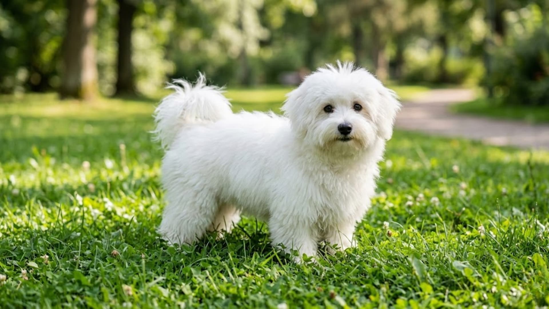 Coton de Tuléar breed dog sitting in a grassy backyard background