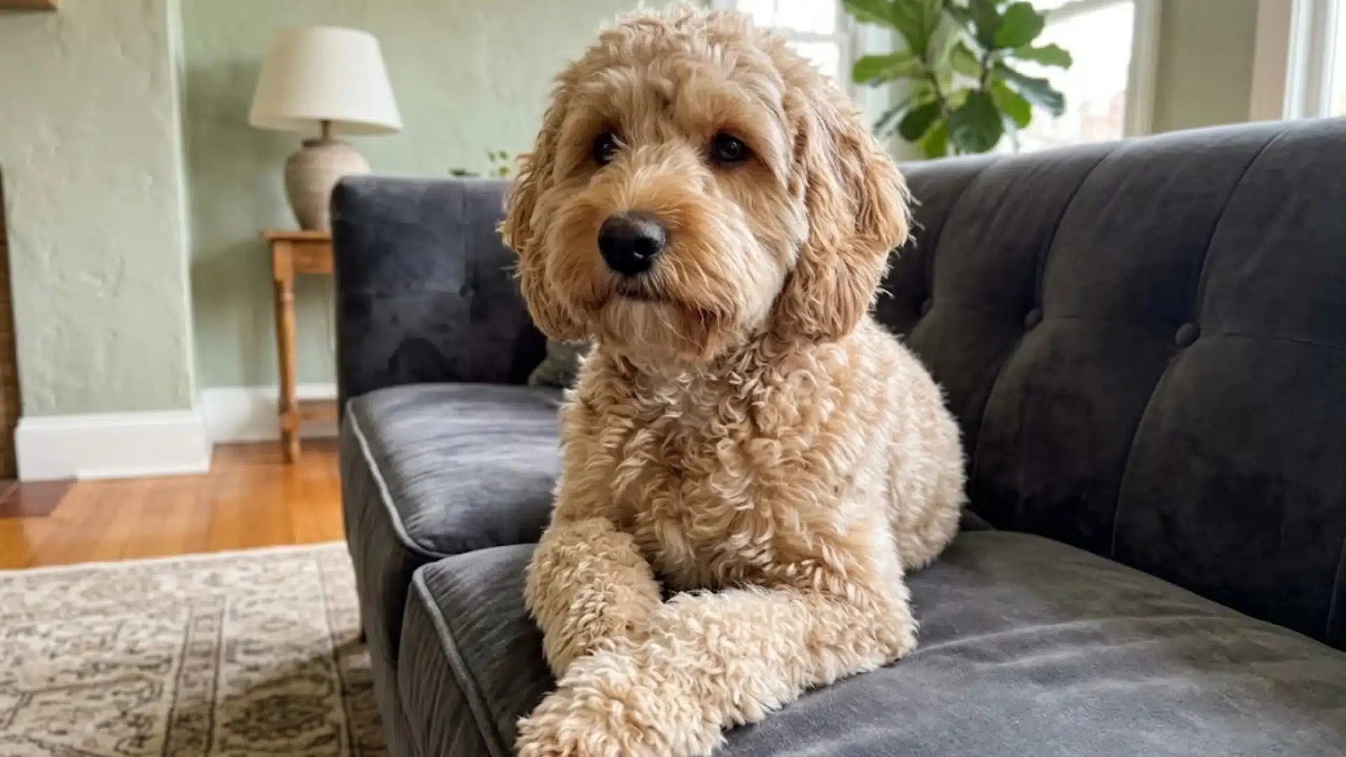 Cream Cavapoo full grown resting on sofa indoors showing curly coat, floppy ears in living room setting