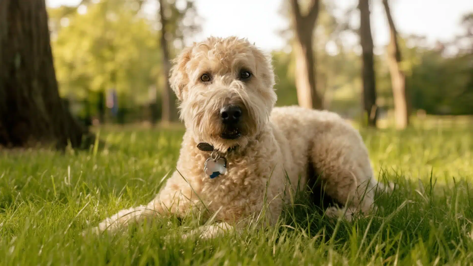 Cream Soft Coated Wheaten Terrier dog lying in lush green grass in a sun-drenched park, wearing a collar with a blue bone tag