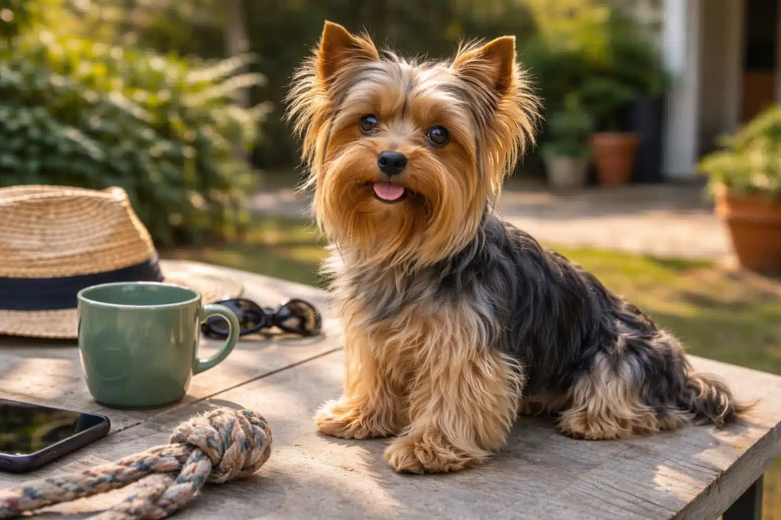 Cute Yorkshire Terrier sitting on outdoor table near coffee mug and sunglasses in warm natural light