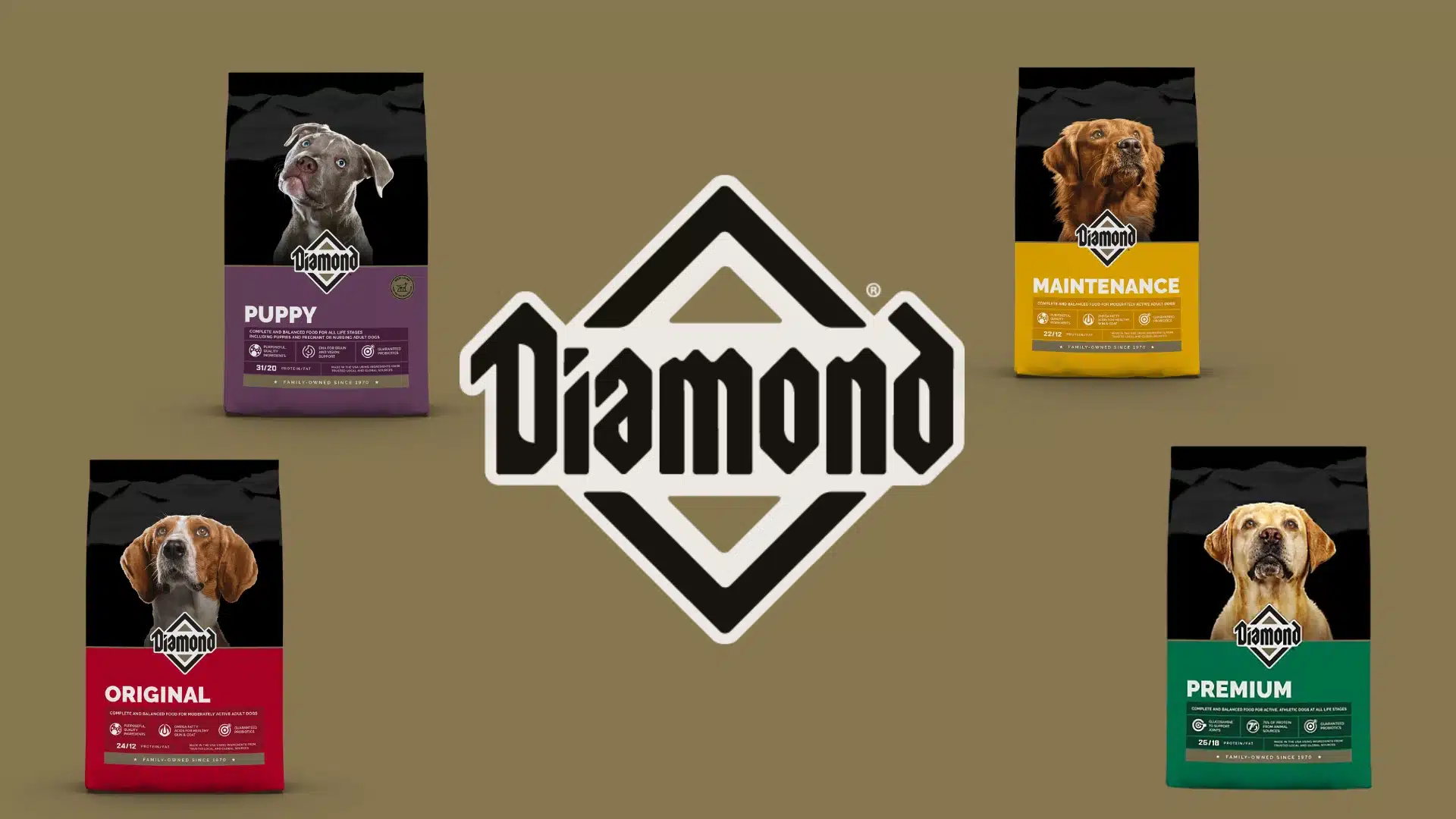 Diamond dog food bags showing Puppy, Original, Maintenance, and Premium formulas with brand logo in center