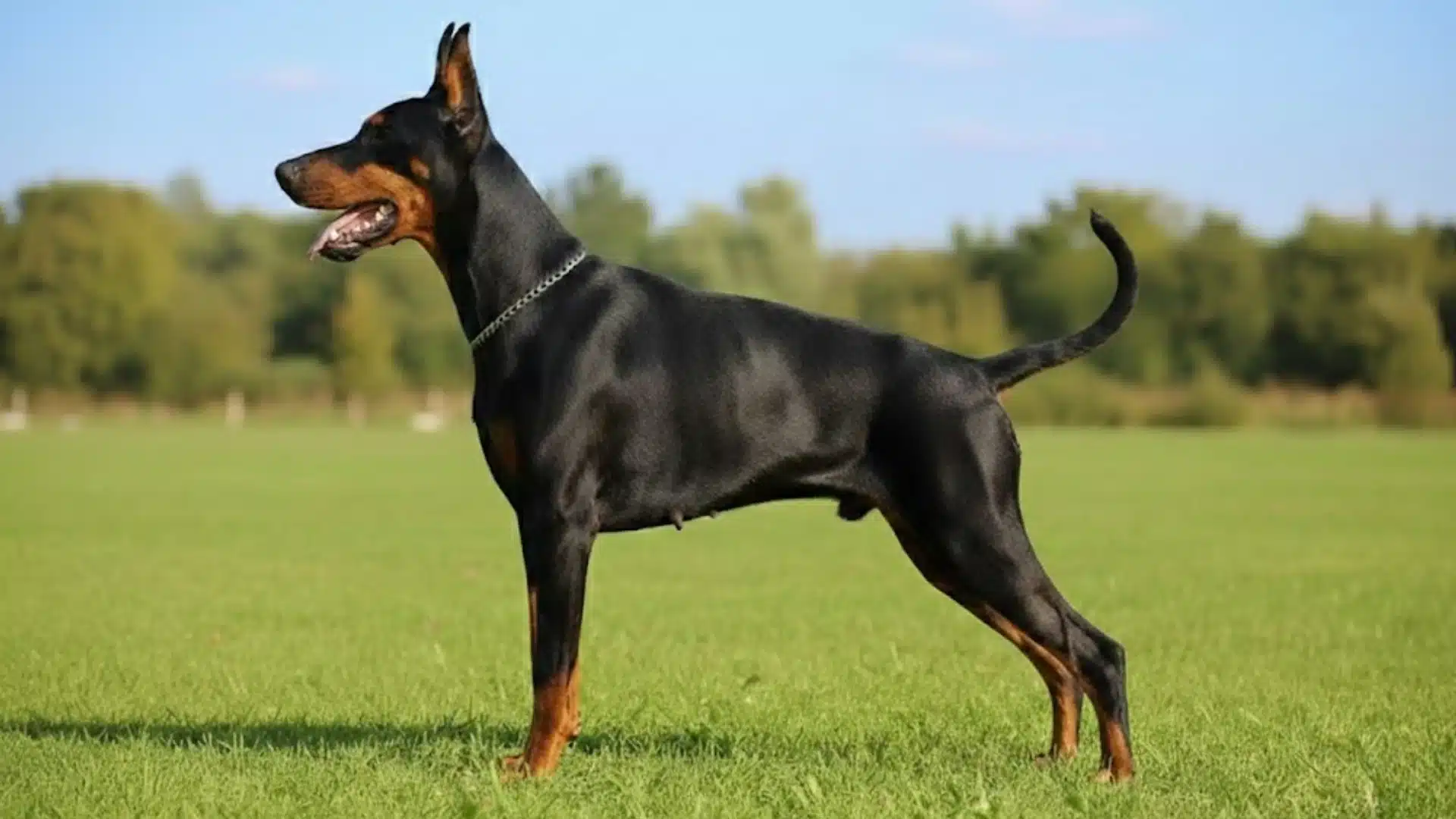 Doberman Pinscher standing alert in open field, sleek and powerful guard dog breed known for loyalty and protection