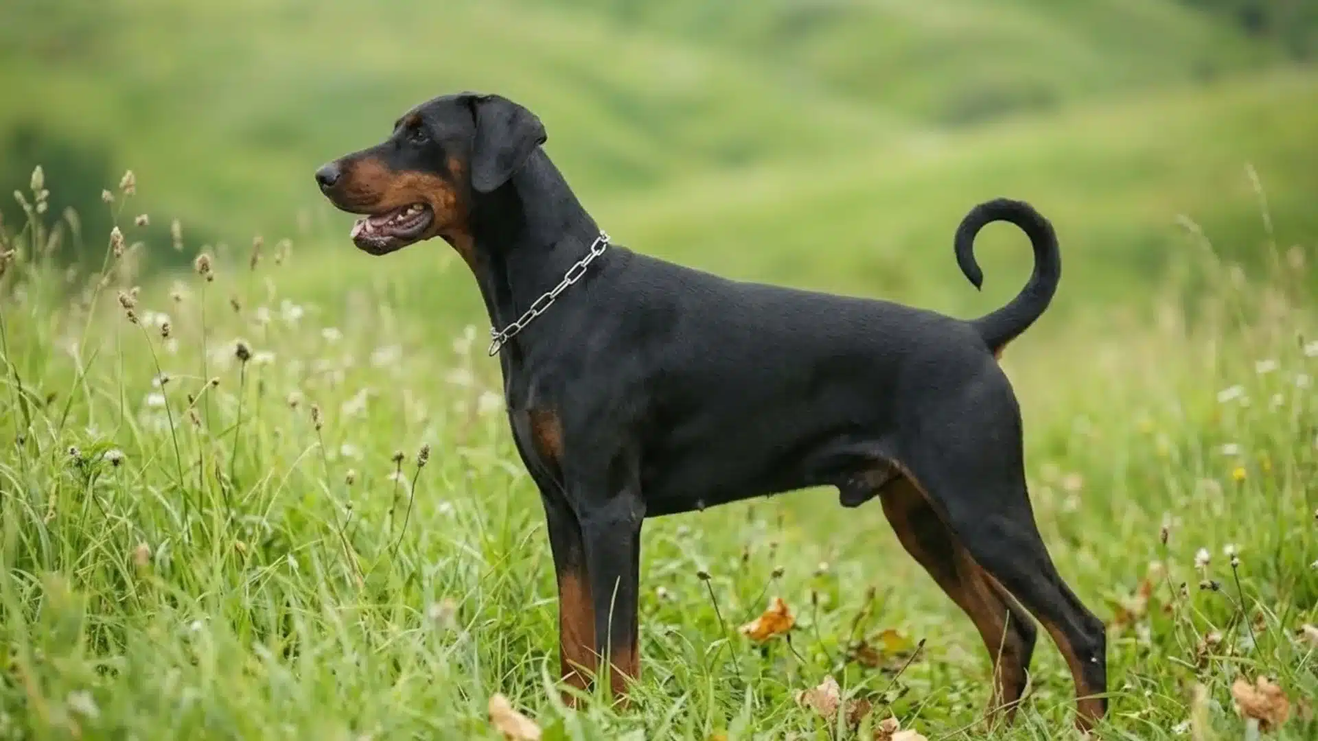 Doberman Pinscher standing in a grassy field, showing its sleek black coat with rust markings, athletic build, and alert guard dog posture