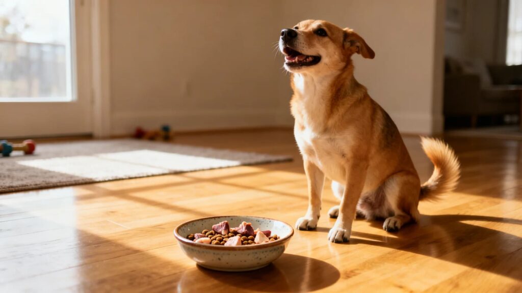 Dog being served a bowl with small pieces of chicken hearts mixed with food, happy expression, clean home environment