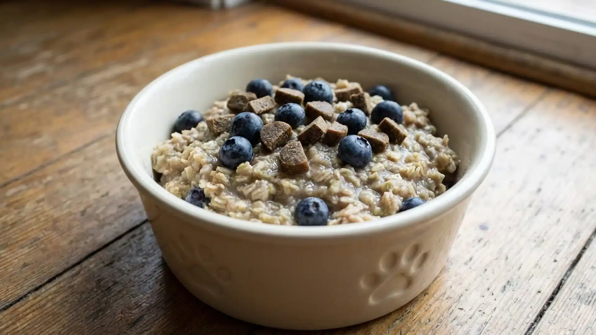Dog bowl with cooked oats, blueberries, and kibble on wooden floor, showing fiber-rich meal for dogs